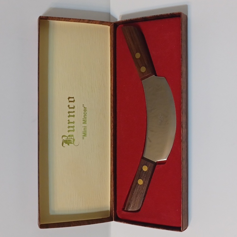 NIB Vintage Burnco Mini Mincer stainless steel knife w/ 2 Rosewood handles L@@K!